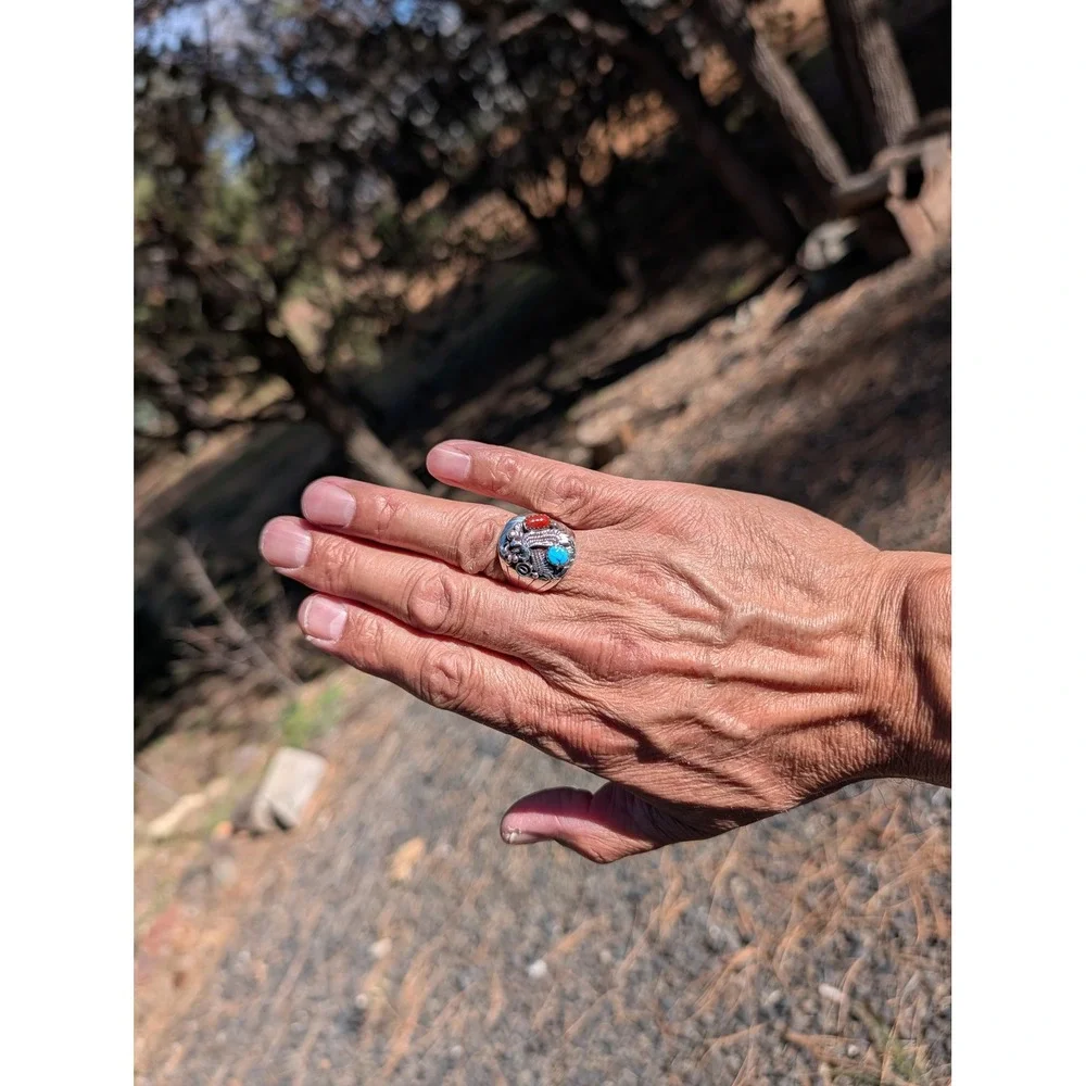 Navajo Men's Eagle Ring Sterling Silver Turquoise Signed Grace Smith Sz 11.5 ***